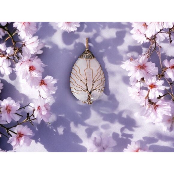 Rose Quartz Tree of Life Pendant Necklace Healing Crystal Jewelry 18" Cord - Picture 3 of 9